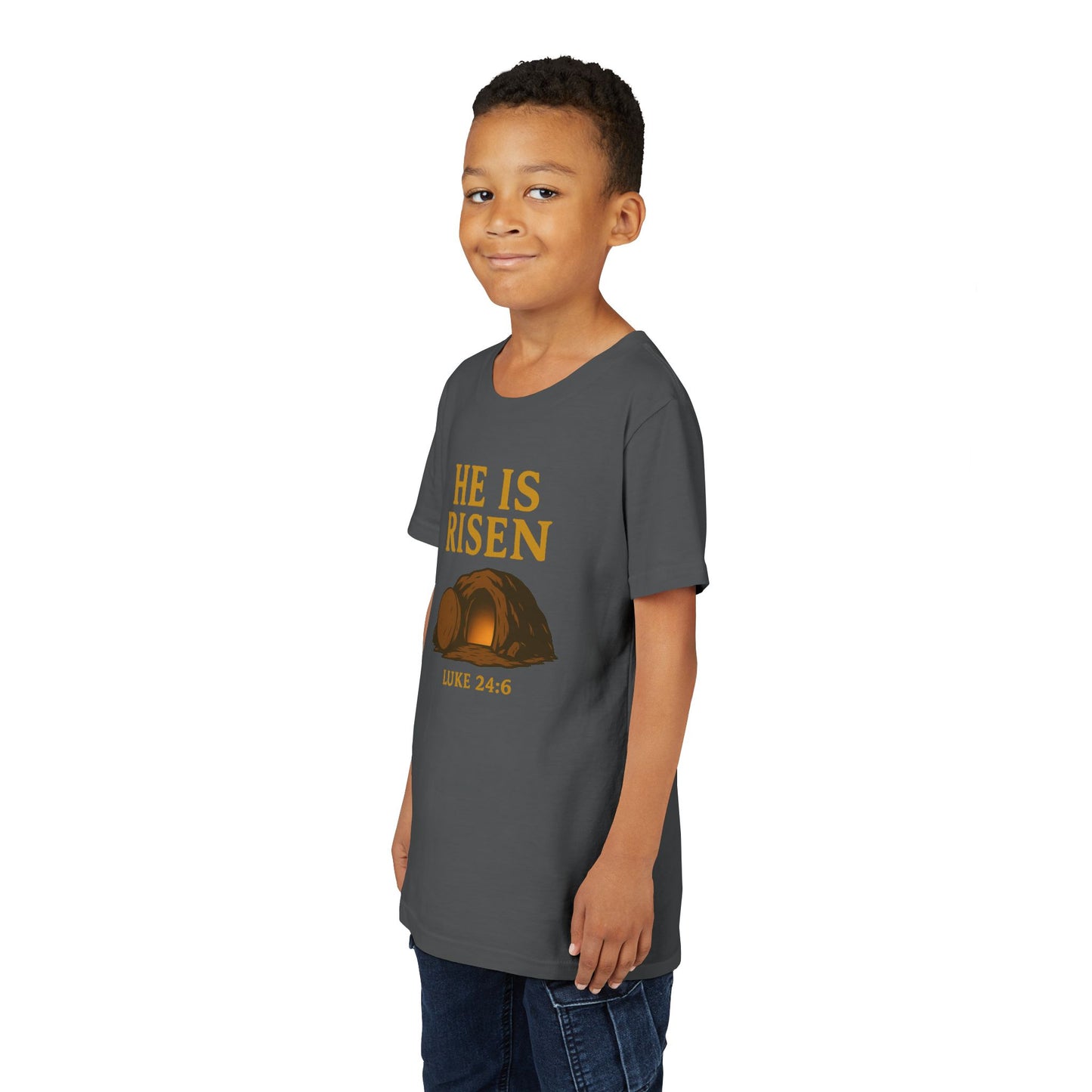 He is Risen Kids T-Shirt - Luke 24:6 - Empty Tomb Graphic