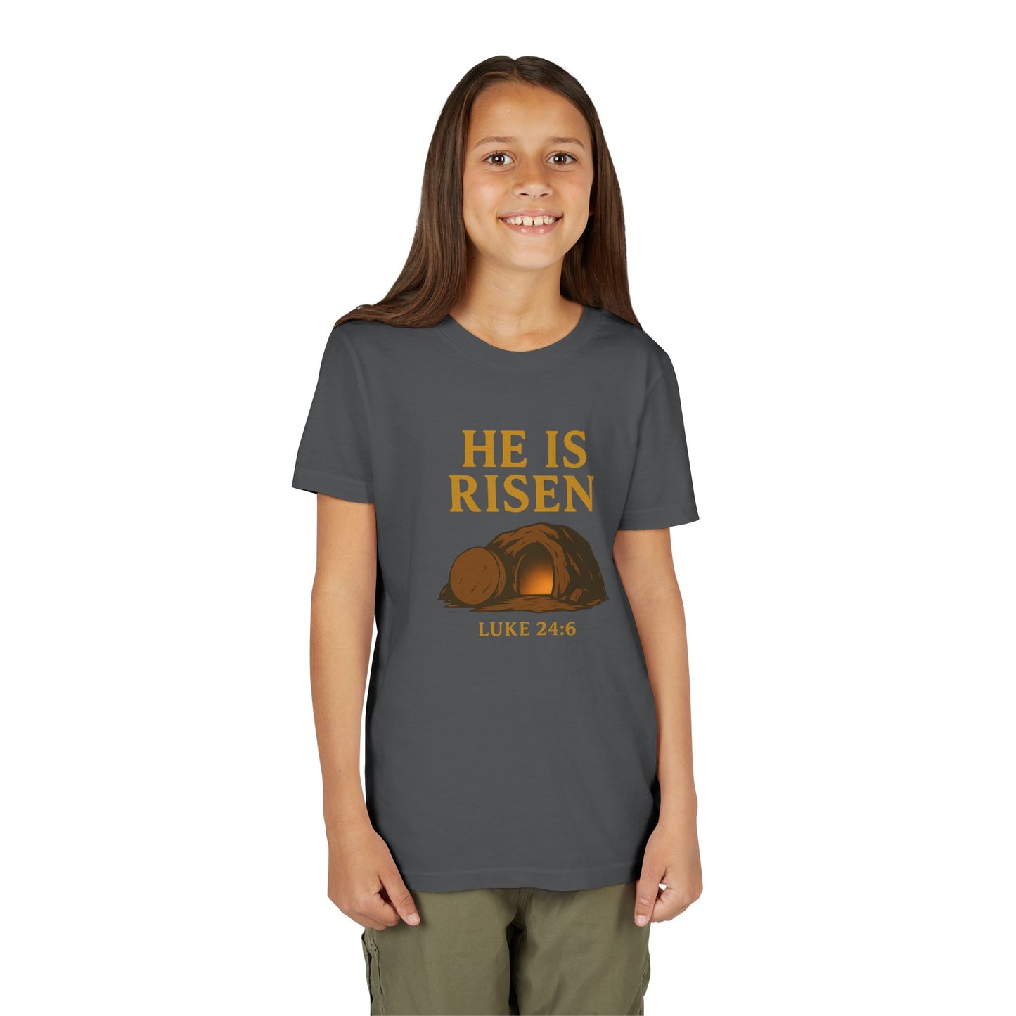 He is Risen Kids T-Shirt - Luke 24:6 - Empty Tomb Graphic