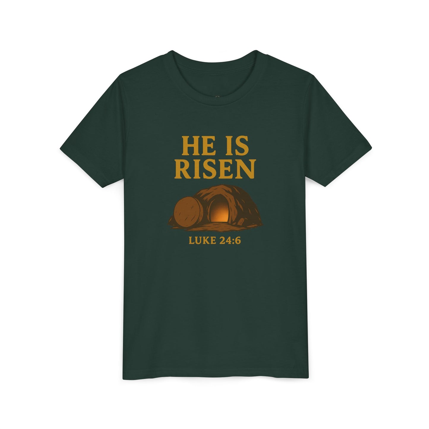 He is Risen Kids T-Shirt - Luke 24:6 - Empty Tomb Graphic