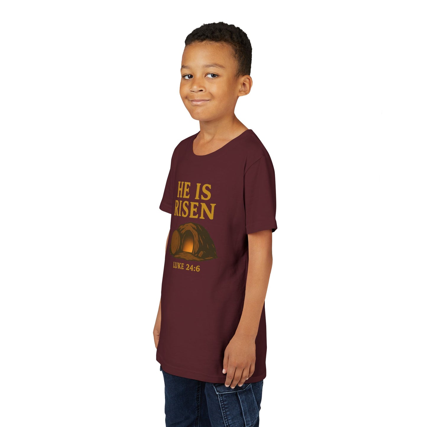He is Risen Kids T-Shirt - Luke 24:6 - Empty Tomb Graphic