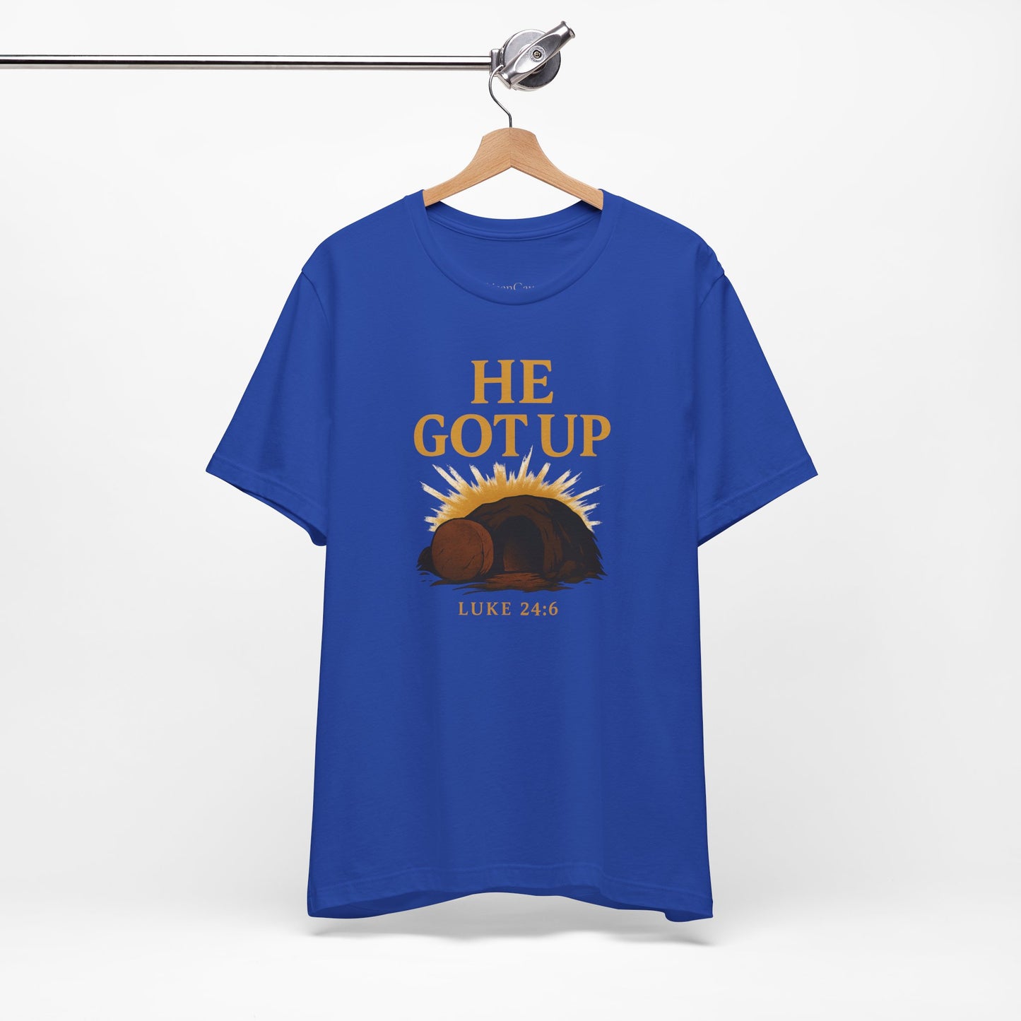 He Got Up Christian T-Shirt - Luke 24:6 - Empty Tomb Graphic