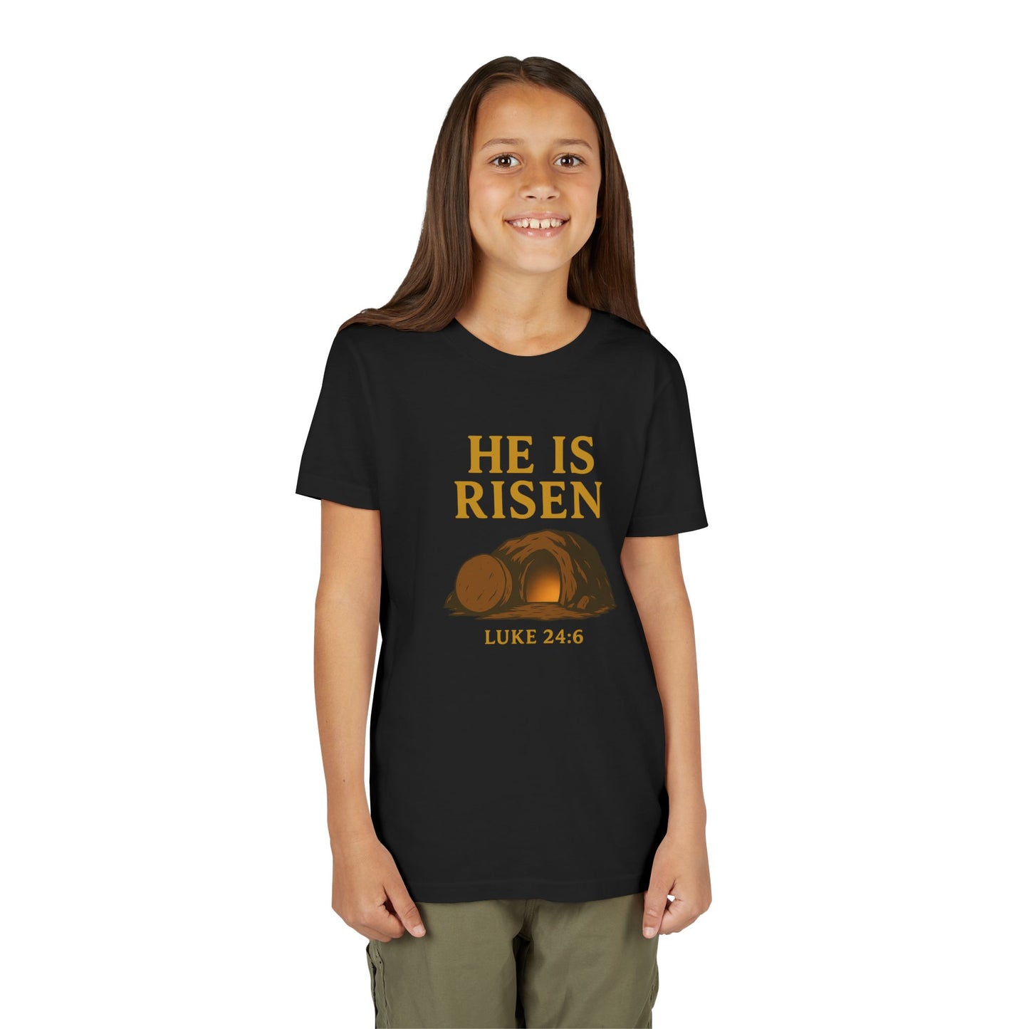 He is Risen Kids T-Shirt - Luke 24:6 - Empty Tomb Graphic