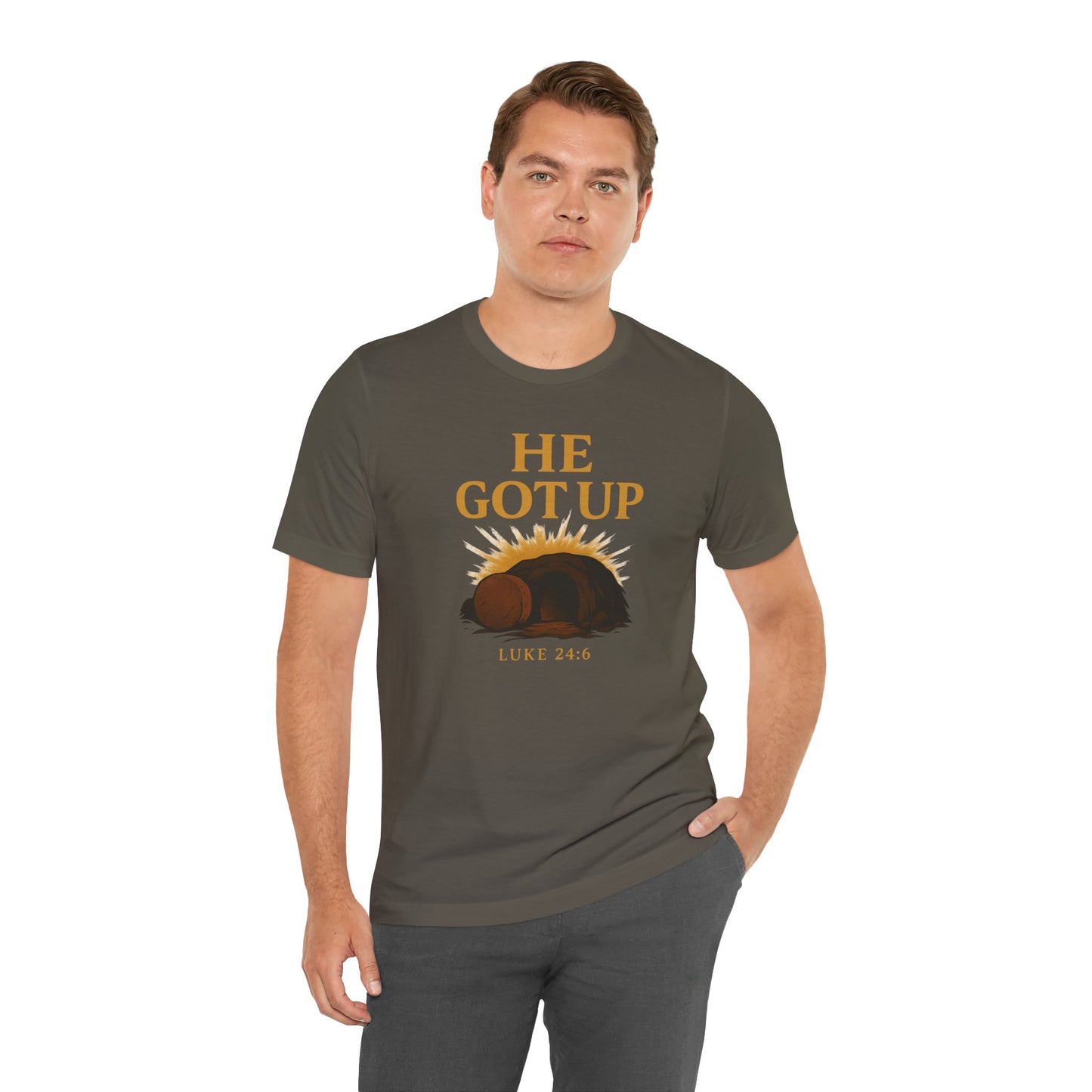 He Got Up Christian T-Shirt - Luke 24:6 - Empty Tomb Graphic