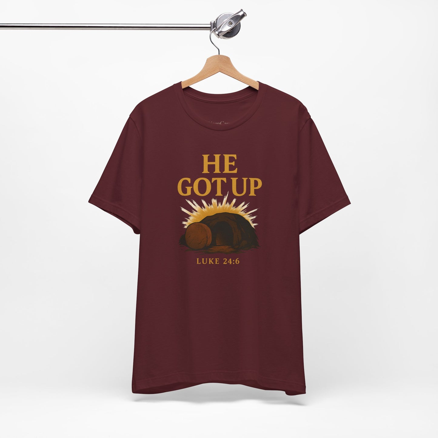 He Got Up Christian T-Shirt - Luke 24:6 - Empty Tomb Graphic