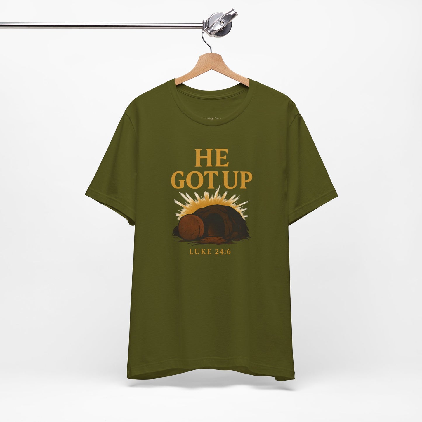 He Got Up Christian T-Shirt - Luke 24:6 - Empty Tomb Graphic