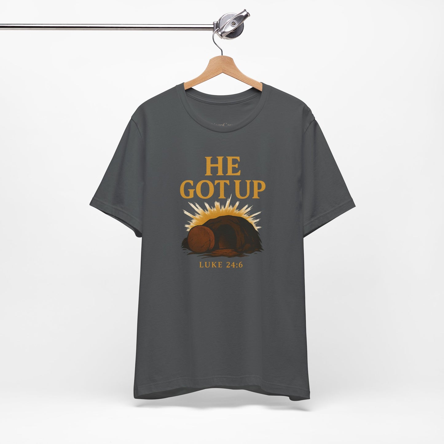 He Got Up Christian T-Shirt - Luke 24:6 - Empty Tomb Graphic