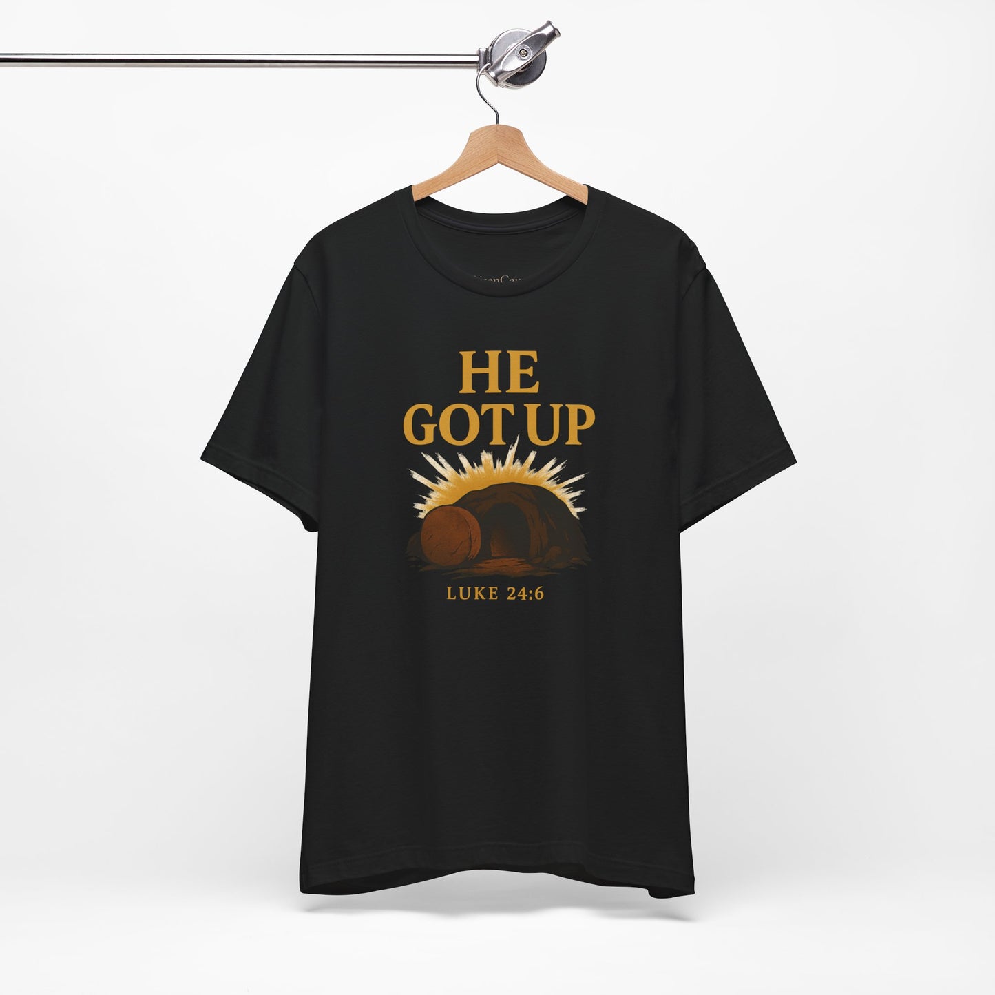 He Got Up Christian T-Shirt - Luke 24:6 - Empty Tomb Graphic