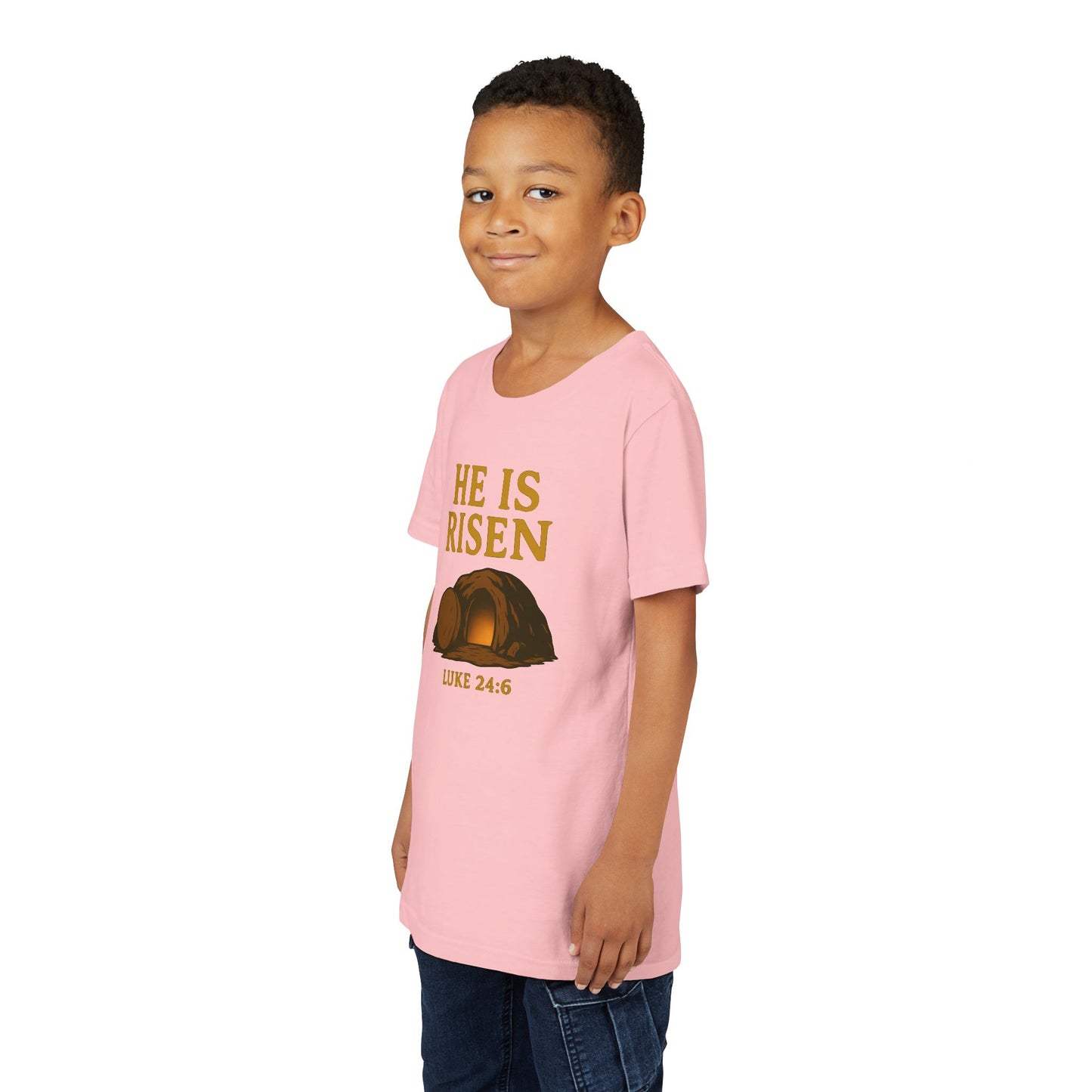 He is Risen Kids T-Shirt - Luke 24:6 - Empty Tomb Graphic