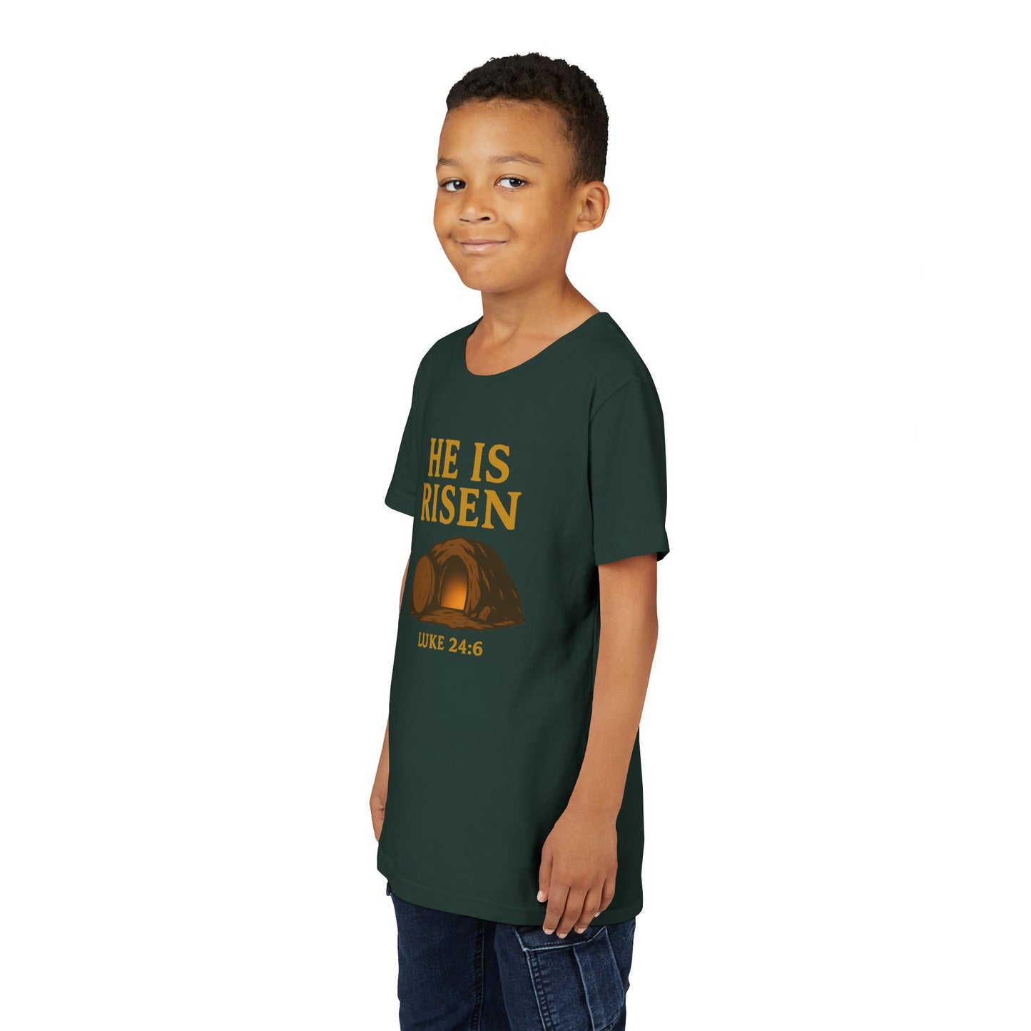 He is Risen Kids T-Shirt - Luke 24:6 - Empty Tomb Graphic