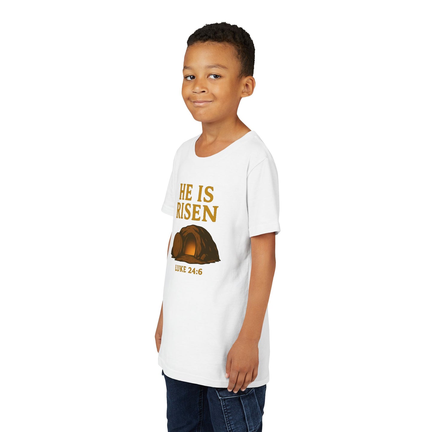 He is Risen Kids T-Shirt - Luke 24:6 - Empty Tomb Graphic