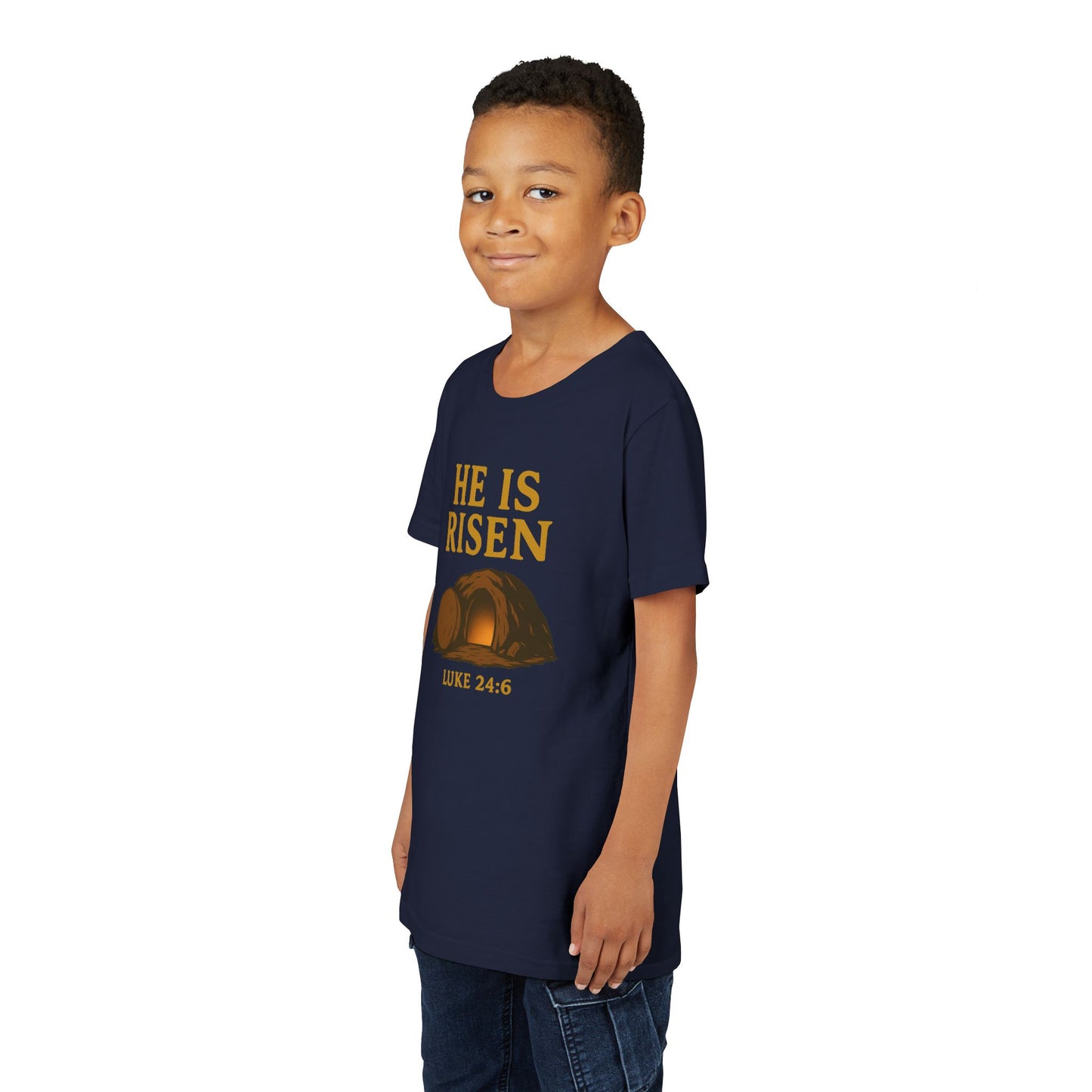 He is Risen Kids T-Shirt - Luke 24:6 - Empty Tomb Graphic