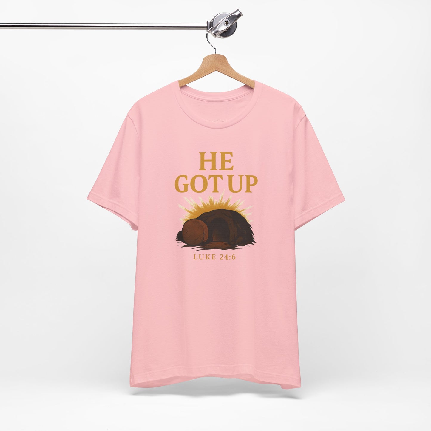 He Got Up Christian T-Shirt - Luke 24:6 - Empty Tomb Graphic