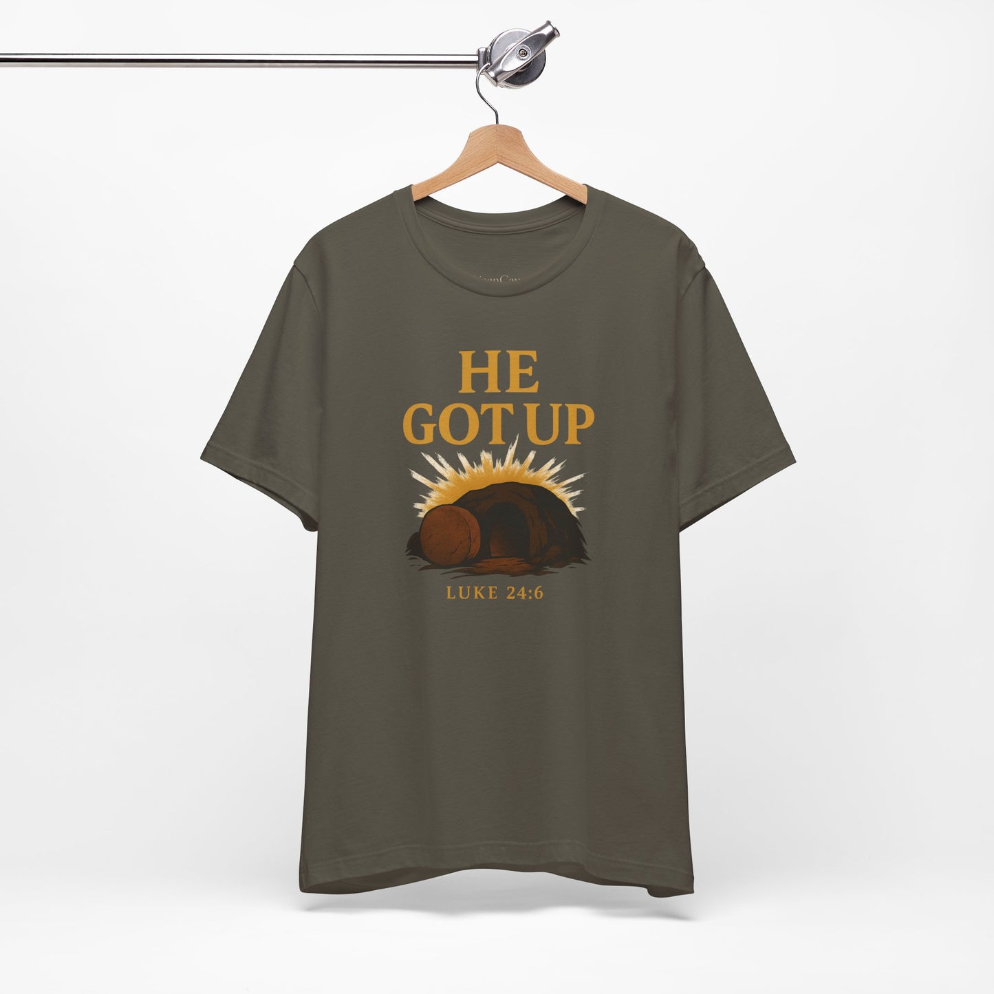 He Got Up Christian T-Shirt - Luke 24:6 - Empty Tomb Graphic