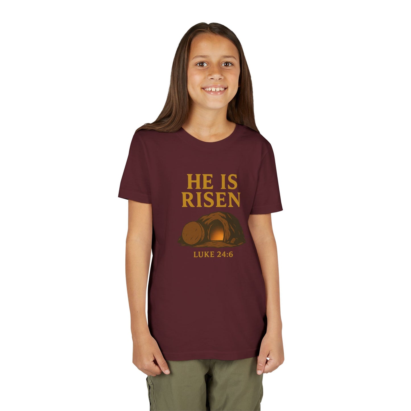 He is Risen Kids T-Shirt - Luke 24:6 - Empty Tomb Graphic
