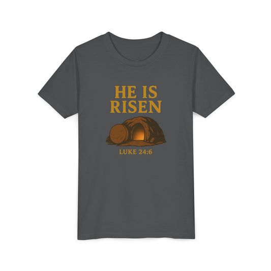 He is Risen Kids T-Shirt - Luke 24:6 - Empty Tomb Graphic