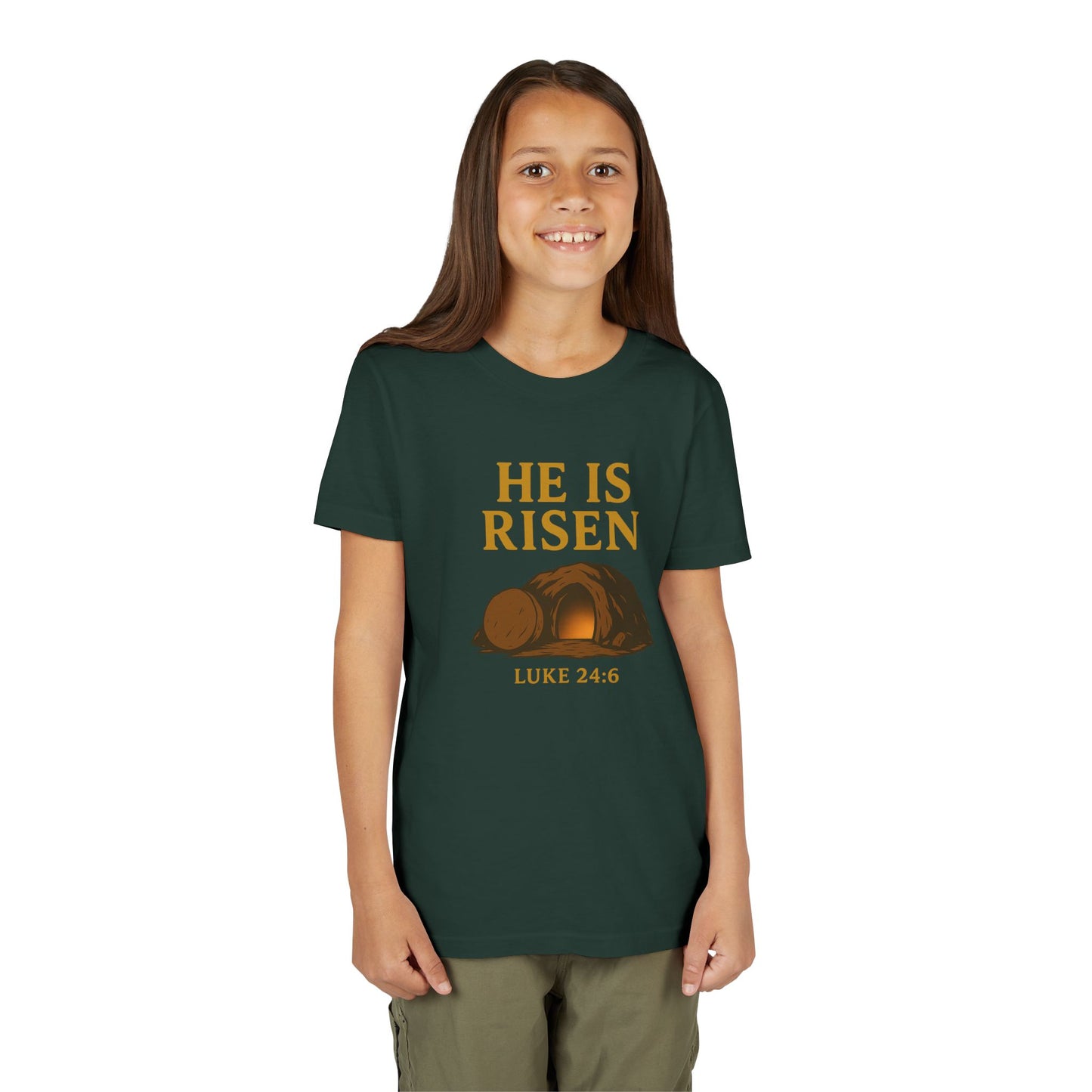 He is Risen Kids T-Shirt - Luke 24:6 - Empty Tomb Graphic