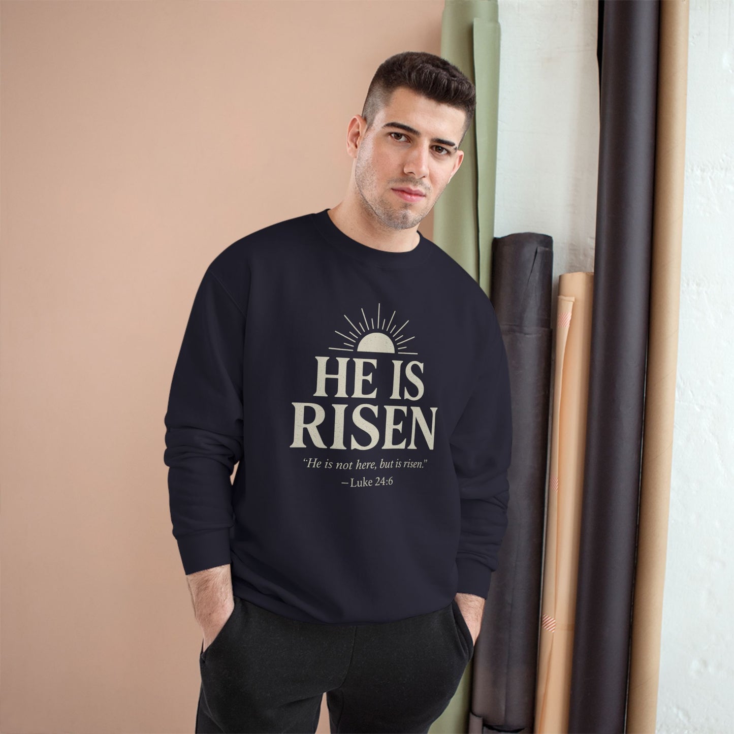 He Is Risen Christian Sweatshirt - Luke 24:6 Bible Verse Faith-Based Unisex Pullover