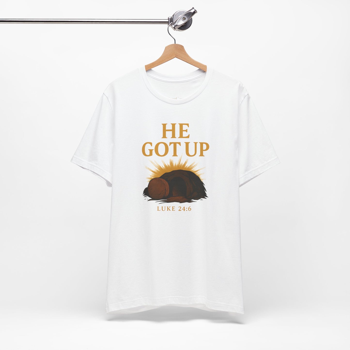 He Got Up Christian T-Shirt - Luke 24:6 - Empty Tomb Graphic